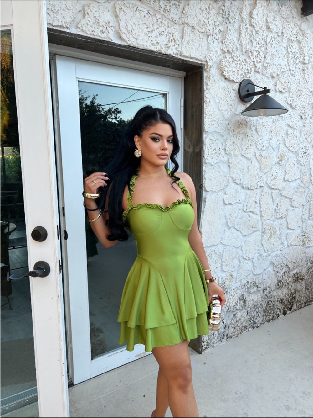 Women’s Green Ruffle-Trim Fit & Flare Dress